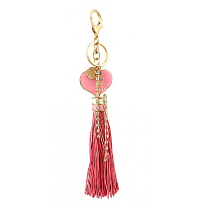 Key Chain - 12 PCS Tassel Key Chains Accent w/ Epoxy Heart Charm & Rhinestone Strings - Pink - KC-AM3198PK